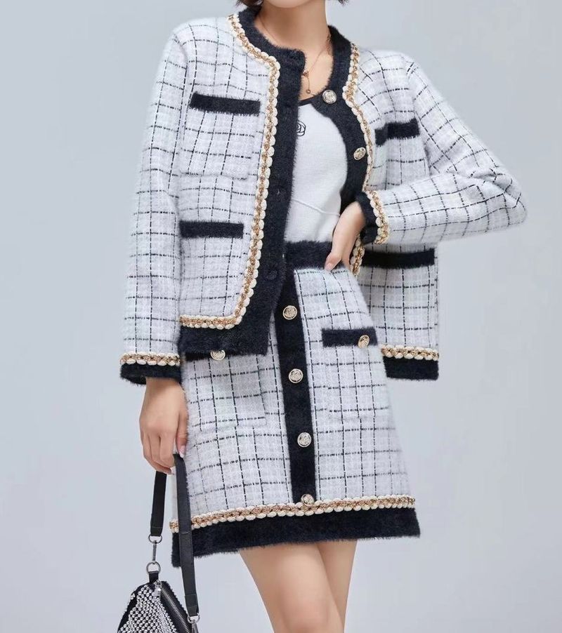 Women's Clothing new high end tweed jacket high waist skirt two piece suit_voghion.com