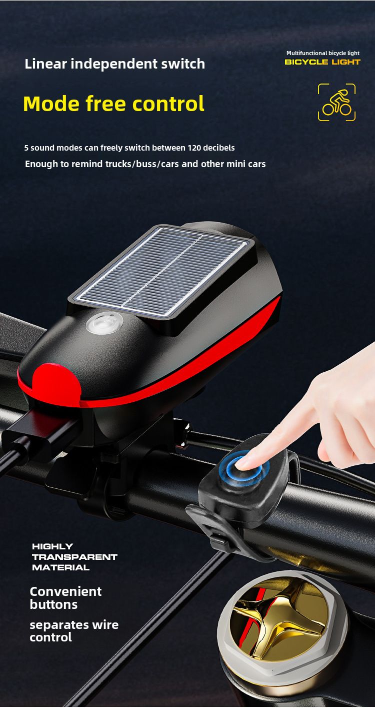 7588 Solar Rechargeable Bicycle Front Light Horn Light Mountain Bike Night Riding Light USB Charging Outdoor_voghion.com