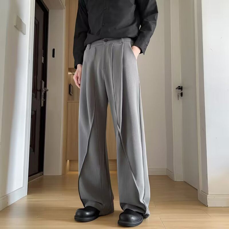 Pantalones de traje de otoño / invierno para hombres, pantalones rectos drapeados relajados de alta calidad para hombres, pantalones cómodos y casuales de pierna ancha._voghion.com