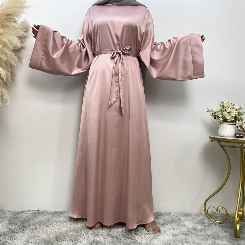 Vestito musulmano in raso con lacci di grandi dimensioni in tinta unita da donna in saldo 6622_voghion.com