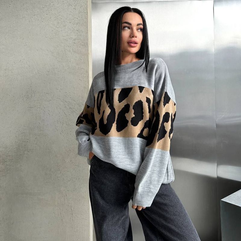 New Leopard Print Sweater Color Block Fashion Trend Loose Round Neck Lazy Style Early Autumn Women's Outerwear_voghion.com