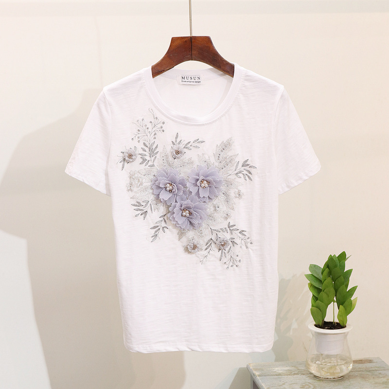 Women's Clothing Beaded Embroidery Three-dimensional Flower Short Sleeve T-shirt Ripped Denim Jeans_voghion.com