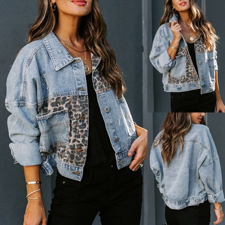 Damenbekleidung Jeansjacke Damen Langarm Jeansjacke Mantel Damen Leopardenmuster Nähte_voghion.com
