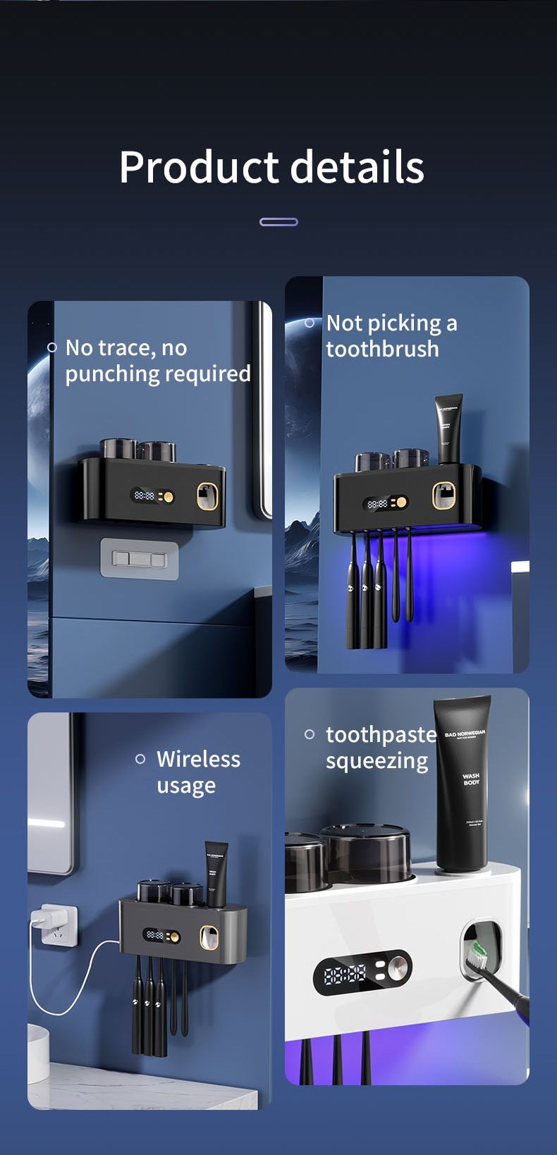 UV Smart Toothbrush Holder Sterilizer Electric Drying Storage Rack Wall-Mounted No Drilling Required_voghion.com