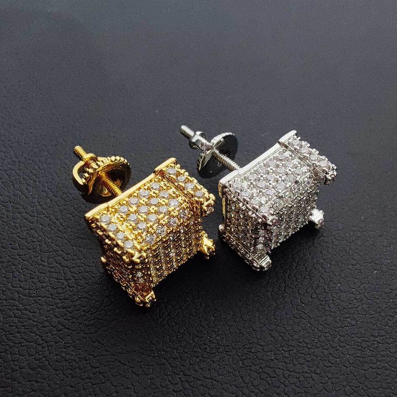 Orecchini a bottone Hip Hop con zirconi quadrati e chiusura a vite per uomo e donna - Design geometrico minimalista - Opzioni in oro e oro bianco_voghion.com