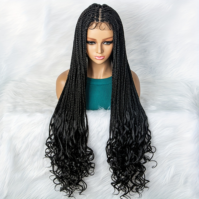 Braid Wig Small Braids With Curly Ends Long Afro Curly Wig Synthetic Wig Beginners Friendly Heat Resistant 13*3 Lace Wig 200% Density_voghion.com