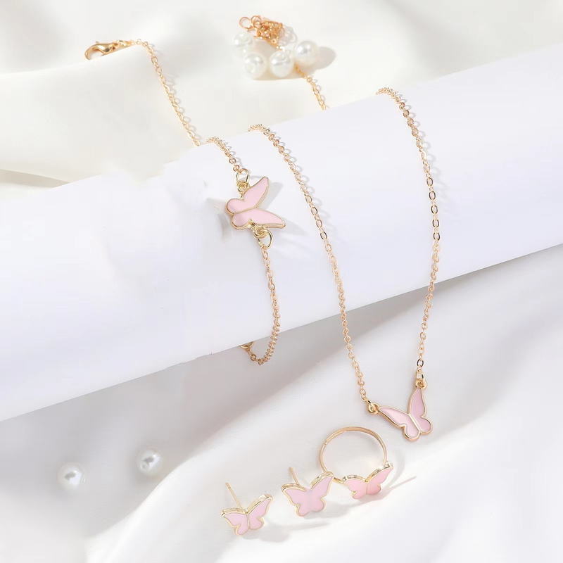 Mode Freizeit Stil Schmuck Legierung Schmetterling Vier Stück Set ohrringe halskette ring und armband_voghion.com