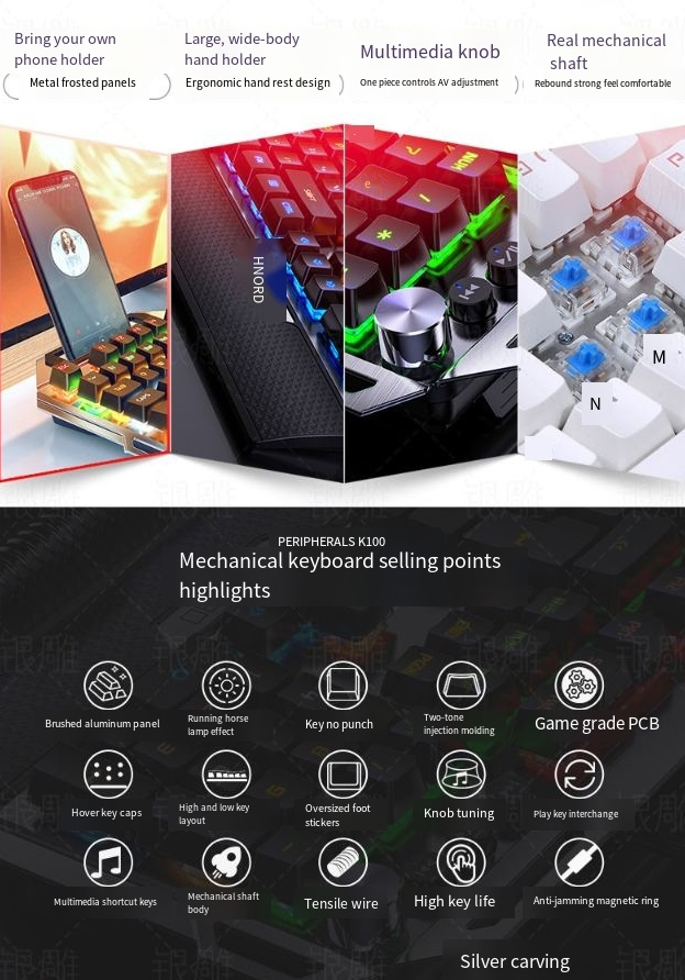 Silber carving K100 metall echt mechanische tastatur hand knopf spiel grün welle verdrahtete USB_voghion.com