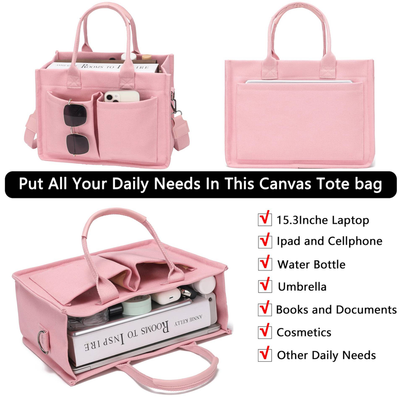Borsa tote in tela grande per donna, con tasche, borsa a tracolla per laptop_voghion.com