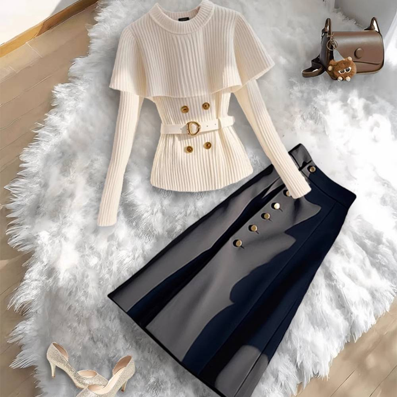 Completo alla moda per le donne, nuovo stile autunnale, giacca da completo francese con temperamento unico, linea semplice, gonna decorativa_voghion.com