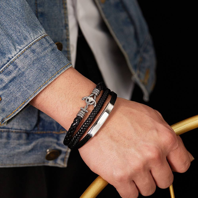 Punk stijl roestvrij stalen armband boot anker lederen touw lederen armband man_voghion.com
