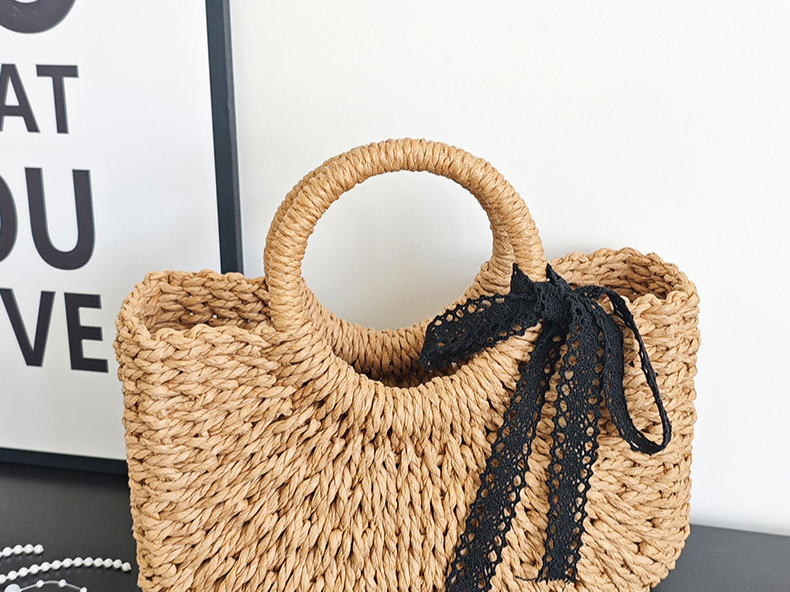 Women's Bags New Versatile Woven Handbag Niche Lace Bow Seaside Holiday Straw Bag Vegetable Basket_voghion.com