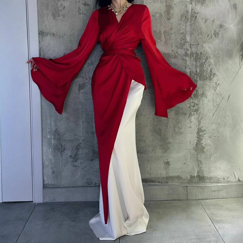 Abito da sera due pezzi rosso e bianco da donna, abito midi avvolgente_voghion.com