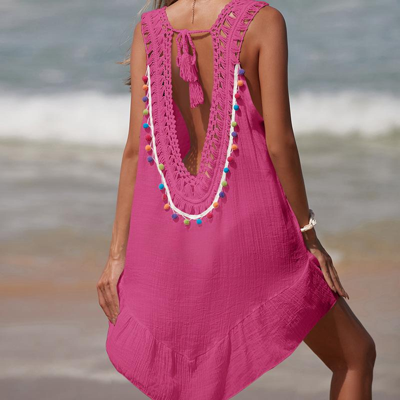 Women's Clothing Holiday Hand Crocheted Colorful Balls Wooden Ear Edge V Neck Pullover Hollow Beach Bikini Shirt Skirt_voghion.com