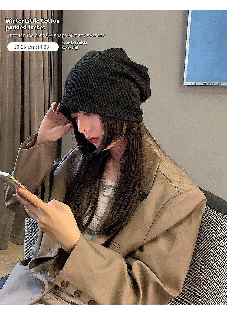 Hat Women's Winter Wool Hat Large Head Circumference Baotou Cold Hat Spring And Autumn Black Thick Knitted Pile Confinement Hat_voghion.com