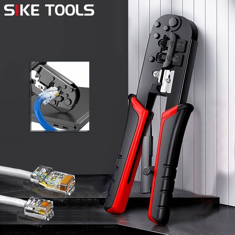 Crimpadora de trinquete profesional para RJ45/RJ11, ergonómica, de dos colores, con cuchillas de acero al carbono._voghion.com