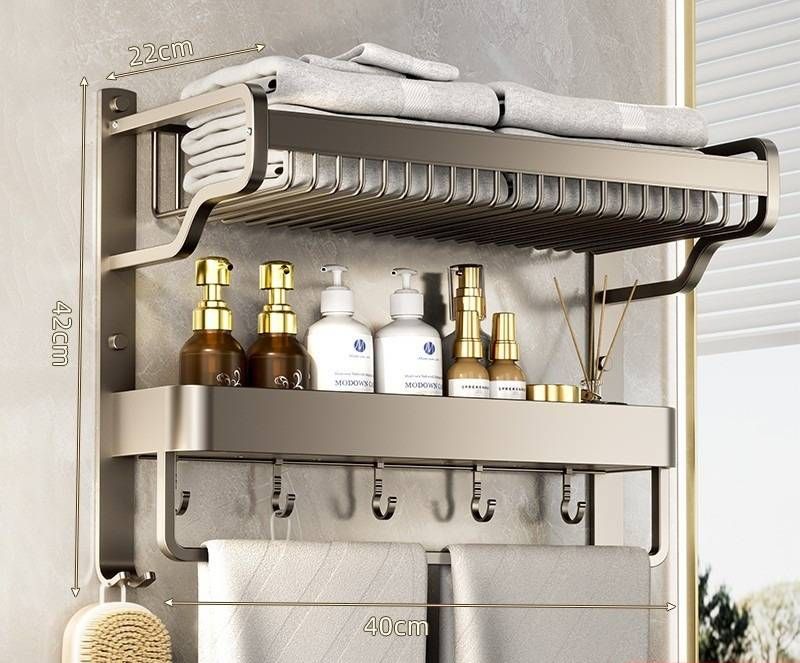Space Aluminum Bathroom Towel Rack With Storage Shelf, No Drill Wall Mounted, Modern Design For Bathroom, Kitchen, Laundry Room_voghion.com