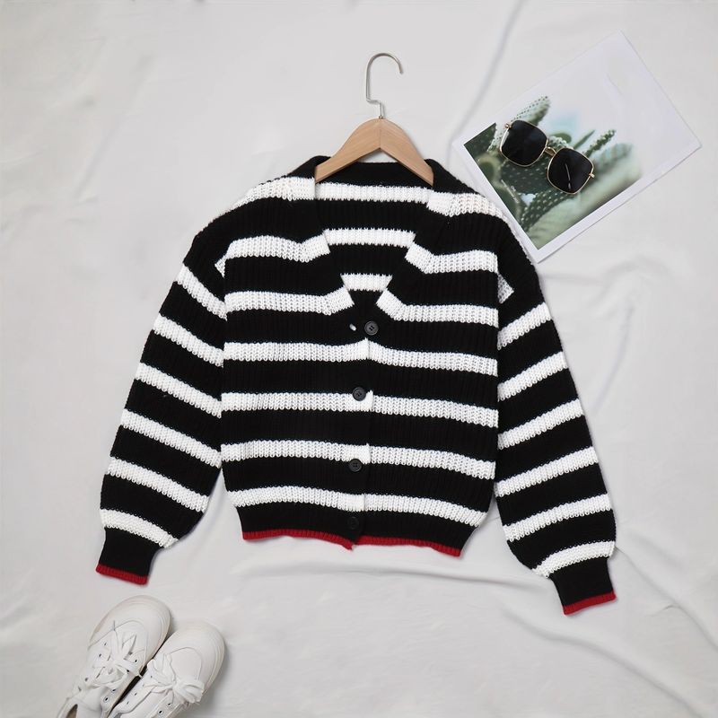 Soft V-Neck Striped Cardigan – Lightweight & Comfortable Open-Front Knit Sweater_voghion.com