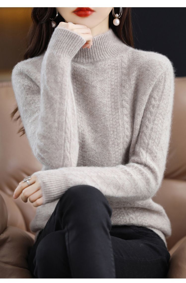 【Kasjmierfamilie】 Herfst- en wintertrui met halfhoge hals, korte wollen basis, dikke gebreide trui voor dames, binnenste laag_voghion.com