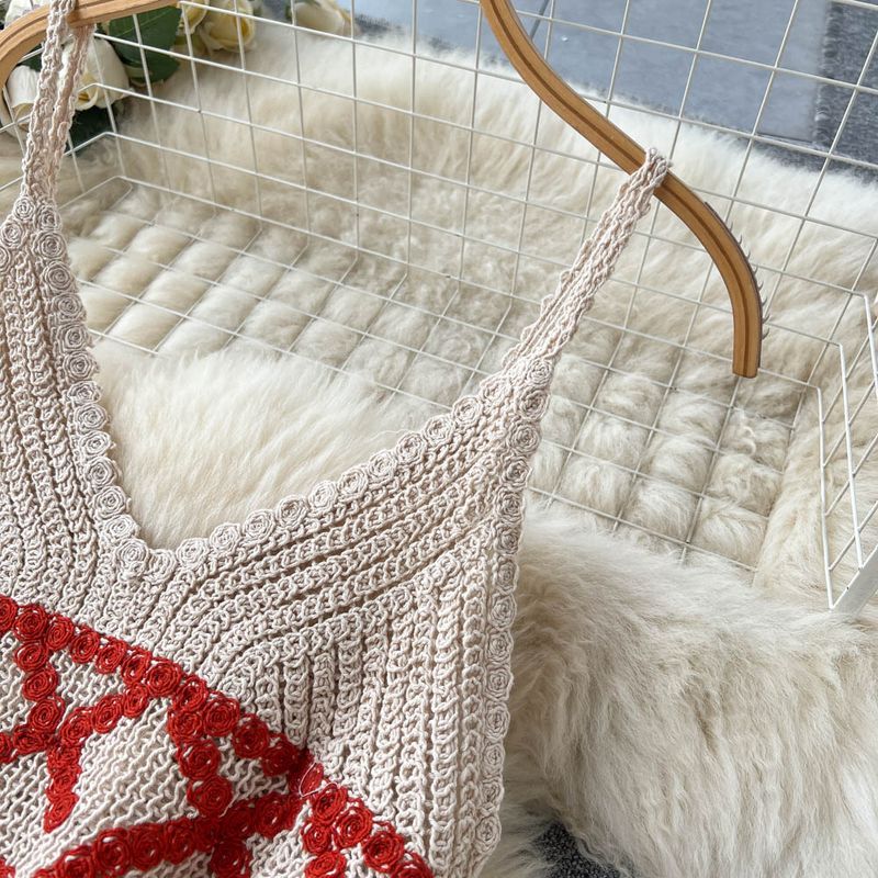 Women's Clothing Spring and summer travel holiday style V-neck tassel suspender tube top + high waist flared pants hook flower two-piece suit_voghion.com