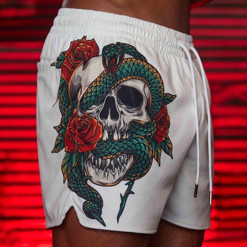 Pantaloni scurți sport pentru bărbați, cu patru puncte, cu craniu, imprimare 3D, plasă, uscare rapidă, respirabil, pentru alergare pe plajă_voghion.com