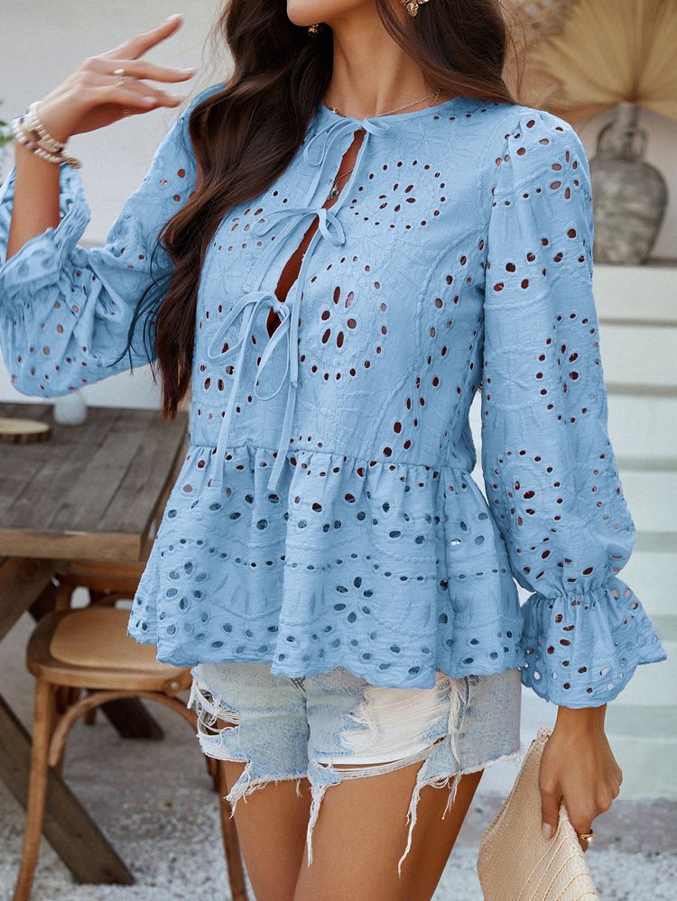 Ropa de mujer Primavera y verano Ocio Vacaciones Suelto Encaje Cárdigan Color Sólido Top Hueco Camisa de Mujer_voghion.com