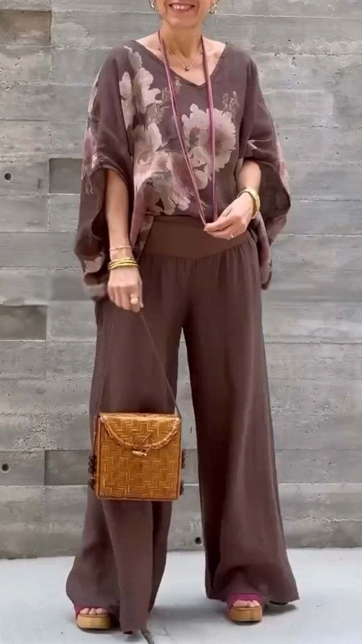 Abbigliamento da donna, top e pantaloni stampati in cotone e lino con scollo a V, abiti casual da donna più venduti_voghion.com