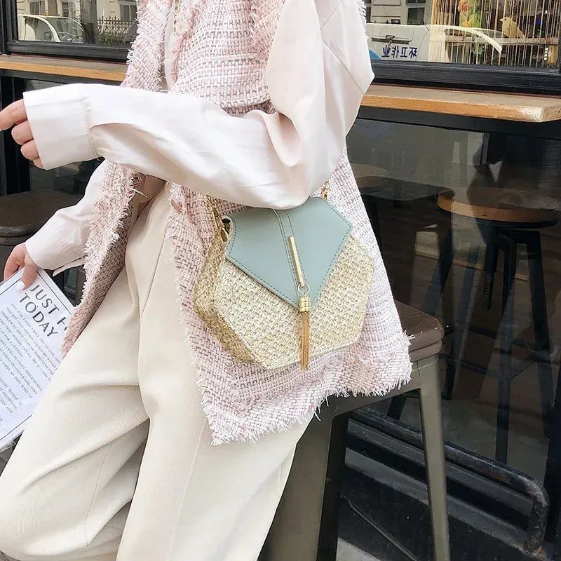 Borsa a mano esagonale in pelle di paglia multi stile da donna, borsa estiva in rattan intrecciata a mano, borsa da spiaggia in stile bohémien, 250314l_voghion.com