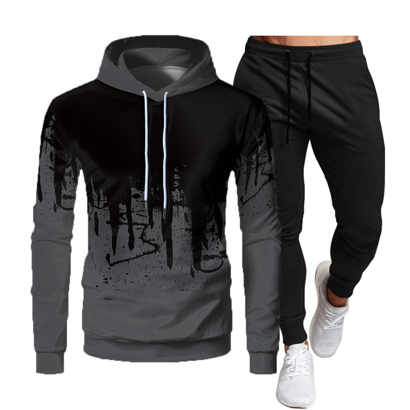 Crazy Muscle Men's Sports Casual Hooded Graffiti Print Slim Fit Fashion Simple OM Set_voghion.com