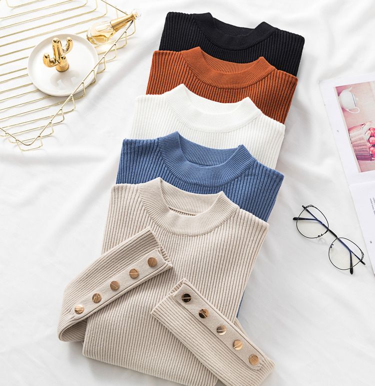 Damen Rundhals Langarm Strickpullover Slim Fit Kurzer Pullover Top Lässiger Leichter Herbst Rollkragen_voghion.com