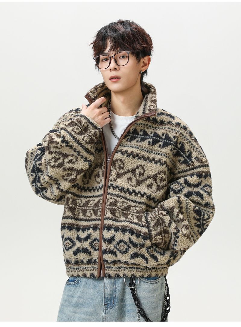 Men's Clothing National Style Jacquard Heavy Texture Polar Fleece Jacket Men's Autumn And Winter Short Wide Silhouette Casual Warm Retro Coat_voghion.com