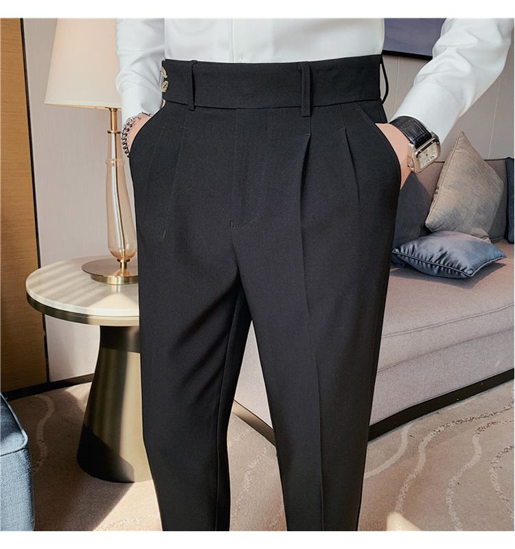 Pantaloni napoletani da uomo nuovi di zecca, in twill strutturato, con vita a pieghe, design casual a nove punte, vita media e alta_voghion.com