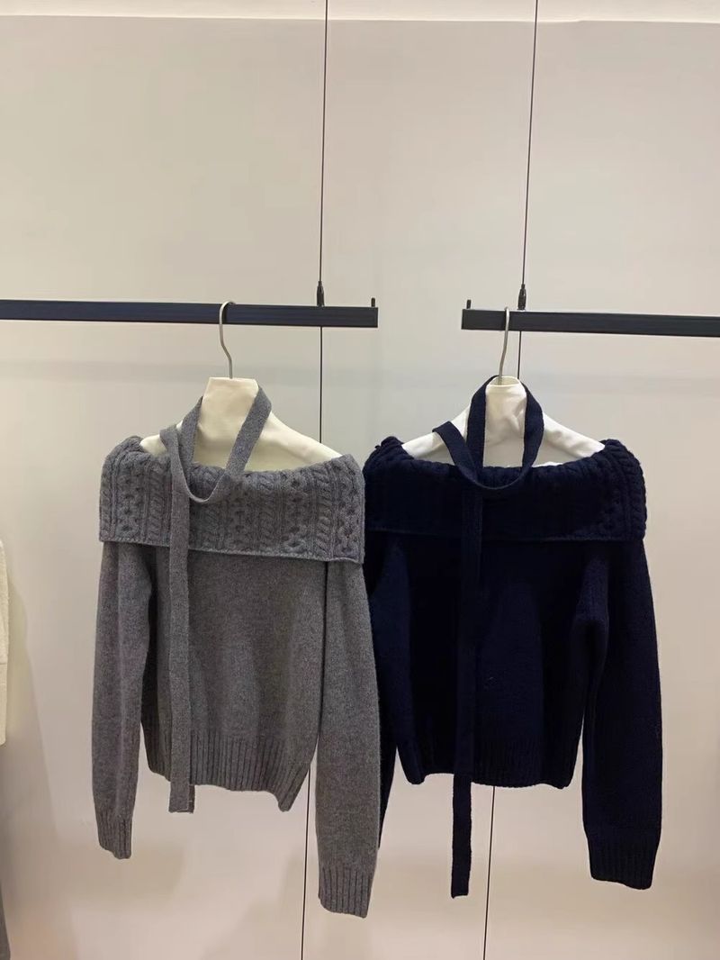 Maglione a spalle scoperte per donna coreano grigio autunno inverno alla moda versatile vestibilità ampia stile pigro bellissimo lavorato a maglia_voghion.com