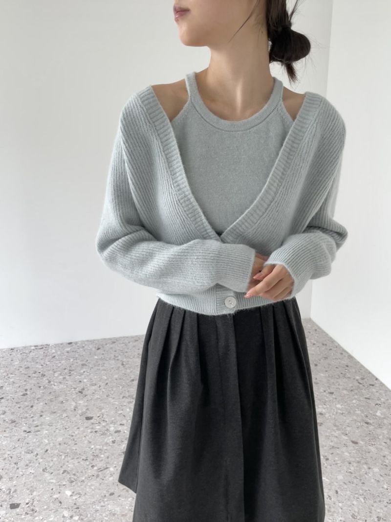 Lazy Knit Cardigan Set Damen Zweiteiliger V-Ausschnitt Langarm Pullover mit offener Vorderseite und Trägerweste_voghion.com
