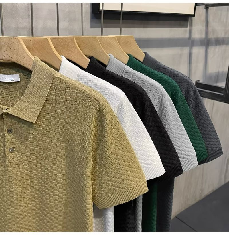 Herrenbekleidung Sommer New Ins Revers Kurzarm Poloshirt Herren Leichtes Luxus All Match Einfarbiges Kariertes Textur T-Shirt_voghion.com