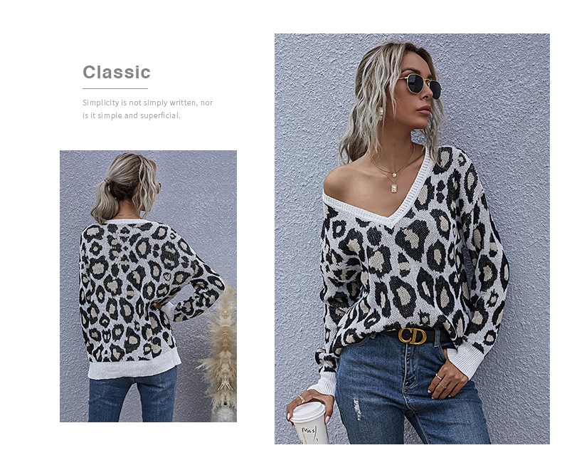 Gestrickter Pullover mit Leopardenmuster und V-Ausschnitt_voghion.com