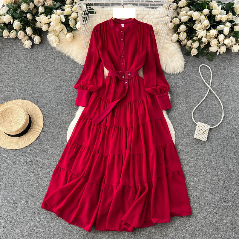 Kadın V yaka tek göğüslü şifon Fransız vintage bel zayıflama büyük salıncak A-line uzun etek_voghion.com
