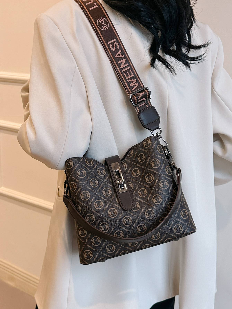Bolso tipo cubo para mujer nuevo 2024, bolso de hombro con estampado vintage, bolso bandolera con correa ancha_voghion.com