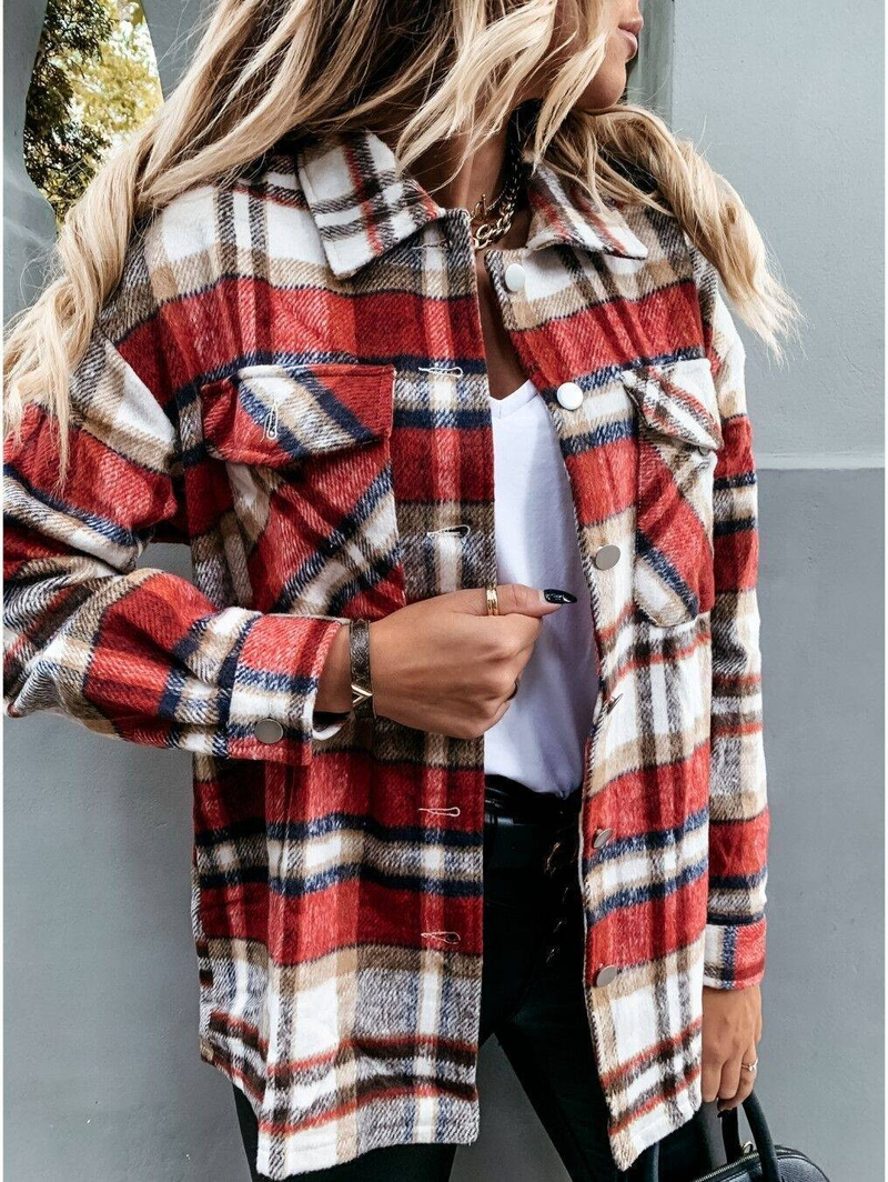 Damenbekleidung Langarm Karierte Jacke Hemdjacke_voghion.com
