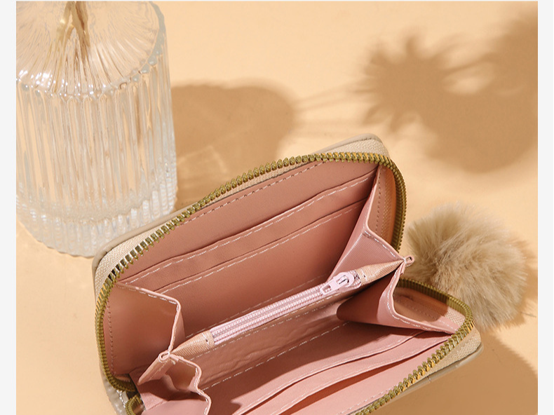 Women's Quilted Women's Wallet With Zipper & Fur Ball - Short Purse With Butterfly Charm (Minimalist & Versatile)_voghion.com