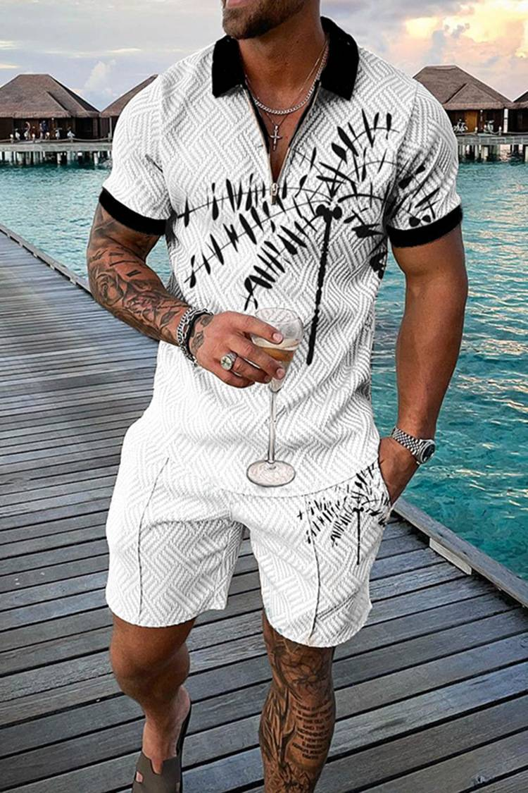 Neues modisches Poloshirt-Set mit Reißverschluss für Herren, lässig, mit 3D-Druck, kurzärmelige Hemden und Shorts_voghion.com