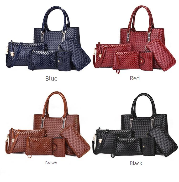 Bolso de mujer tejido de gran capacidad, bolso para madre e hijo, conjunto de cinco piezas, bolso de mano de color liso, bolso oblicuo de un solo hombro_voghion.com