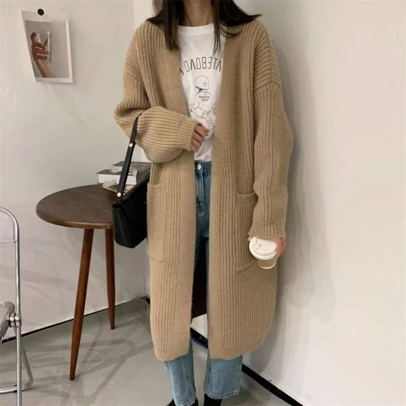 Übergroßer Cardigan mit V-Ausschnitt – Grobstrick-Langpullover mit offener Vorderseite (Einheitsgröße, 7 Farben)_voghion.com