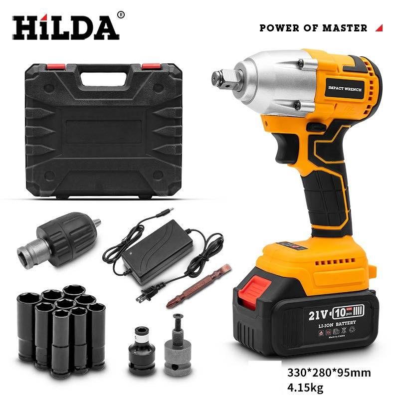HILDA 330Nm Lithium-Ion Cordless Impact Wrench With 22-Piece Socket Set - Heavy Duty Electric Torque Wrench For Car Repair & DIY (EU/US Standard)_voghion.com