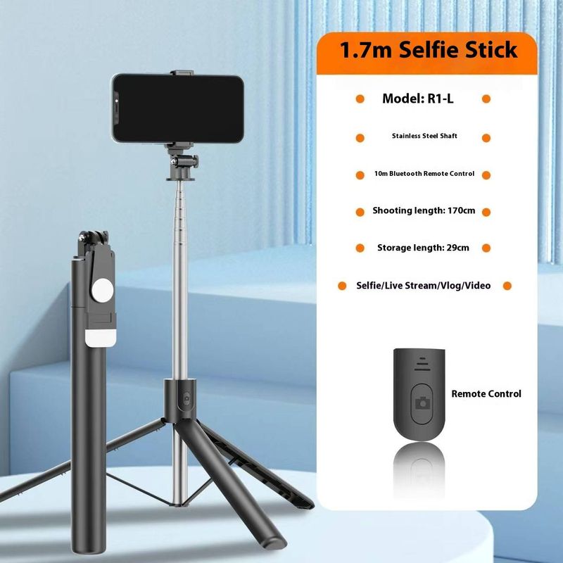 R1-L Ausziehbares Selfie-Stick-Stativ mit Bluetooth-Fernbedienung und LED-Licht, tragbare Telefonhalterung für Reisen, Vlogging, Live-Streaming_voghion.com