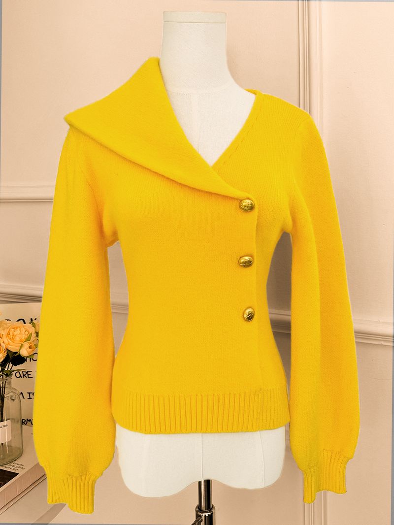 Elegant Asymmetric Collar Knit Sweater For Women - Slim Fit Button Detail Long Sleeve Pullover Top_voghion.com