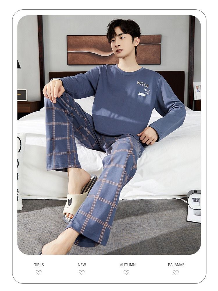 Pajamas Men In Autumn, Cotton Pullover, Long Sleeved, Loose Fit, Plus Size, Men's Home Suit For Autumn_voghion.com