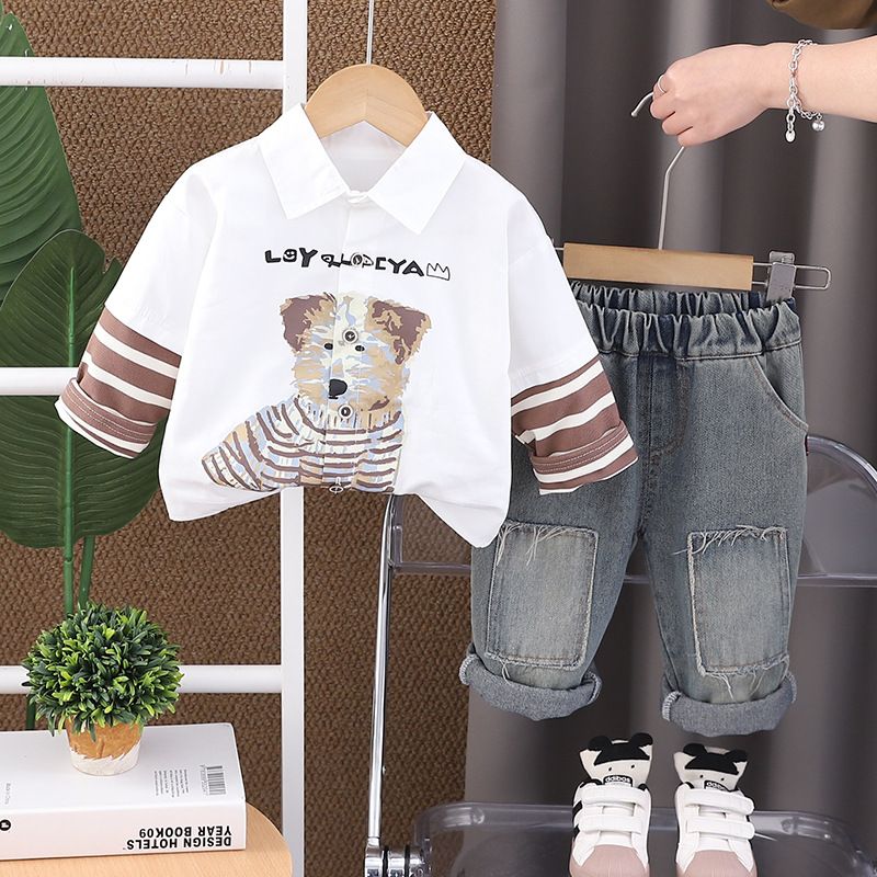 Abbigliamento per bambini primavera e autunno 2025, edizione coreana, camicia per cani, felpa con cappuccio, manica lunga, due pezzi, stile western_voghion.com