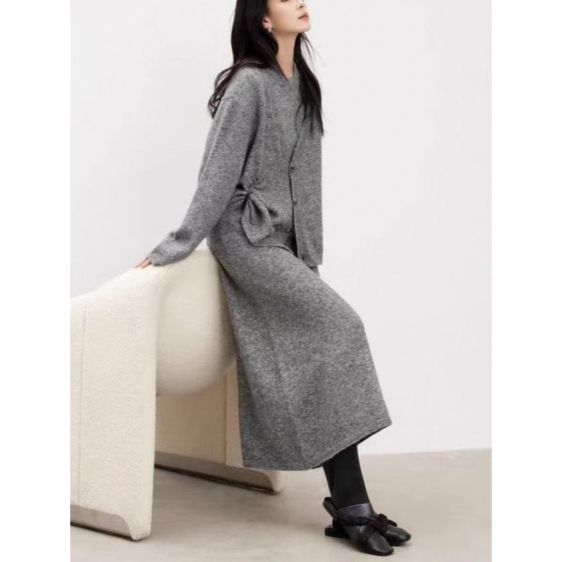 Lazy Style Two-Piece Sweater For Women, Autumn And Winter New Fashionable Elegant Knitted Cardigan, Mid-Length Dress Set_voghion.com