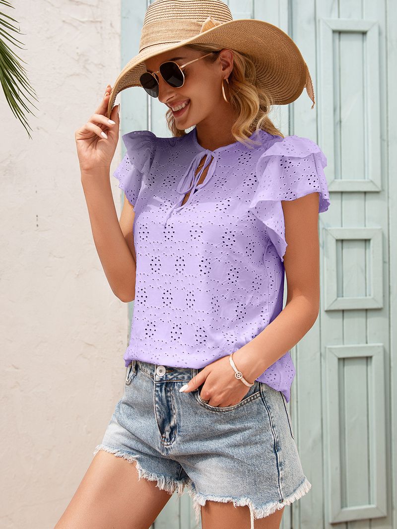 Women's clothing crochet flower hollow lace-up round neck ruffle sleeve shirt top for women_voghion.com